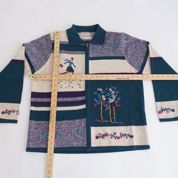 TanJay Teal Purple Patchwork Knit Cardigan Vintage Zip Sweater Grandmacore M - Picture 3 of 9